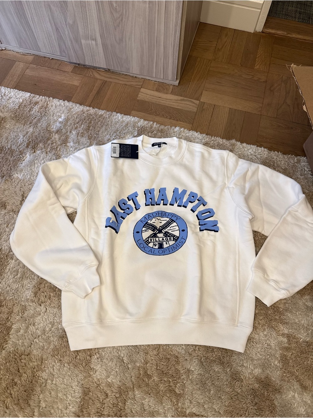 Madhappy White Crewneck Sweatshirt with Blue East Hampton Graphic